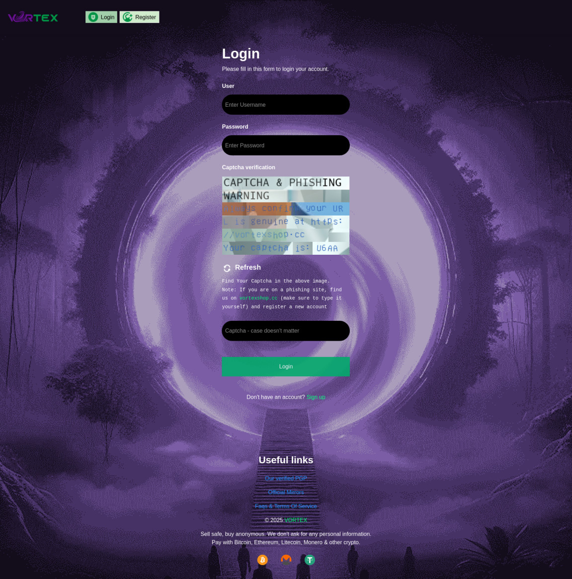 vortex market login page